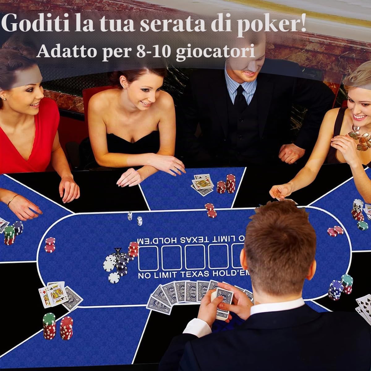 Tappetino da poker professionale, 180 x 90 cm, 8 giocatori, in gomma, portatile, Texas Hold'em, con borsa per il trasporto, per giocare a carte, giochi di poker, blackjack, casinò