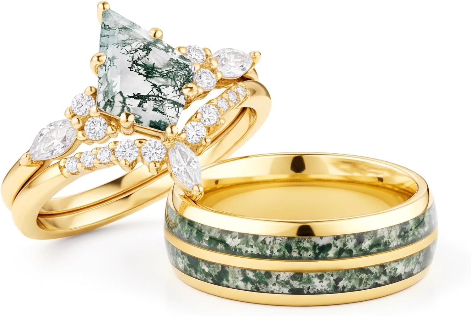 Couple Rings for Him and Her Moss Agate Promise Rings for Couples Wedding Ring Set for Women Personalized in S925 Sterling Silver/10k/14k/18k Gold