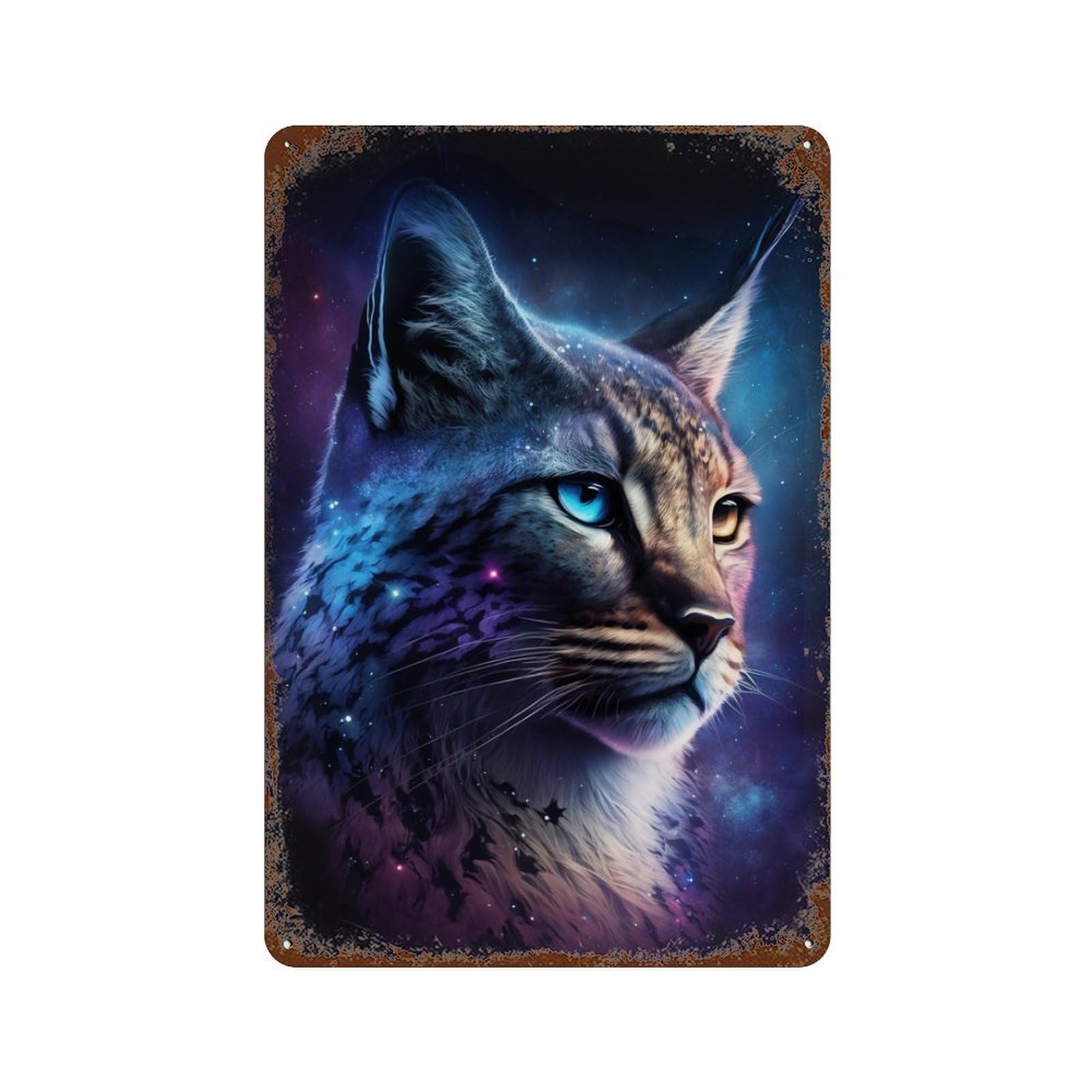 Rusty Metal Tin Sign with Cosmic Lynx Portrait Print-1 Design 11.8"x7.9", for Shed, Workshop And Garage Wall Decor, Classic Wall Plaque