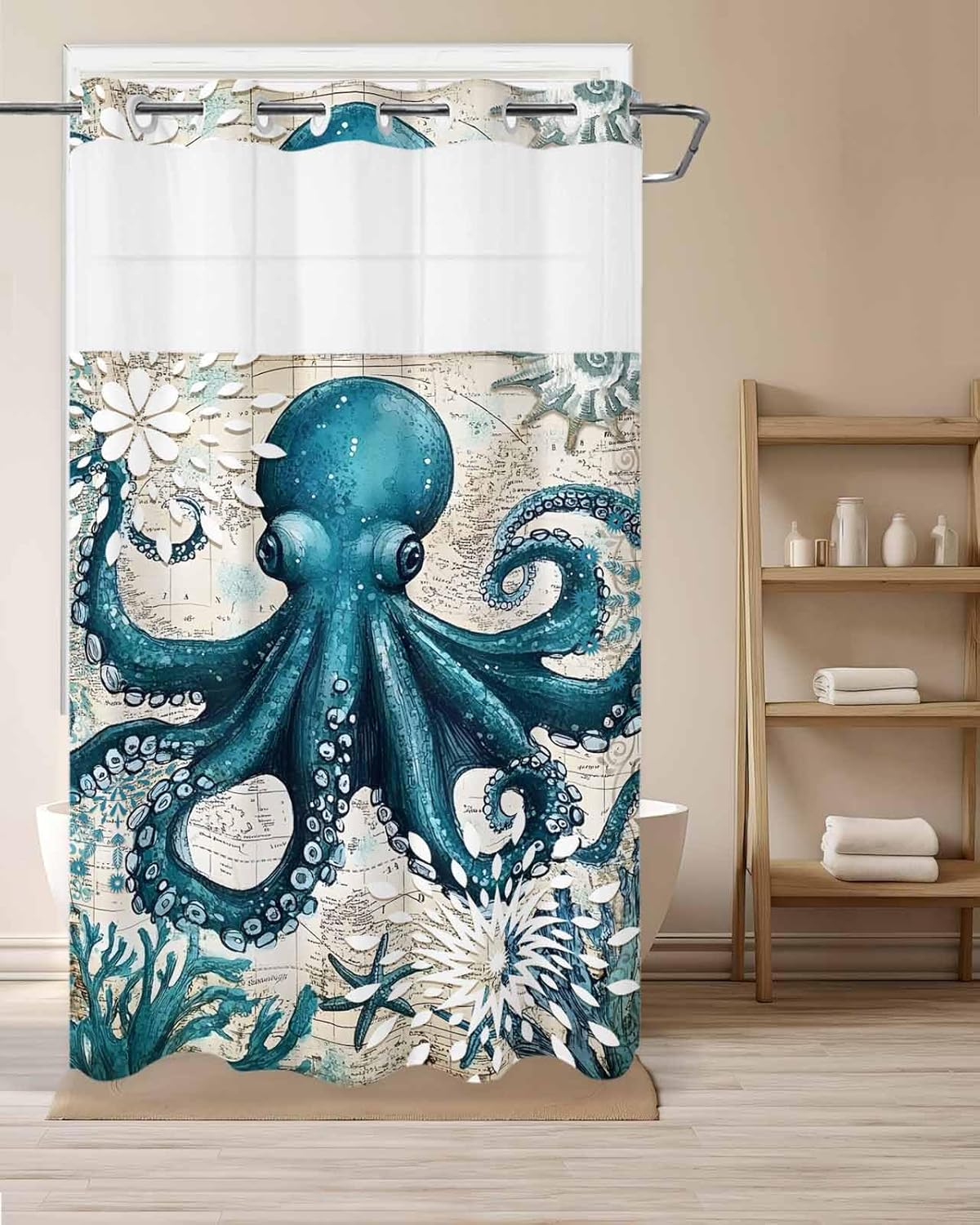 Octopus No Hooks Shower Curtain with Snap in Liner 36" W x 72" L, Washable and Waterproof Teal Octopus Ocean Coral Starfish Shower Curtain with See Through Mesh Top Window for Bathroom