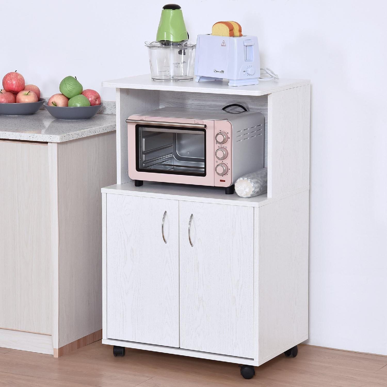 Carrello Cucina con 2 Ante e 1 Vano Porta Microonde, 60.4x40.3x97cm, in Legno, Bianco