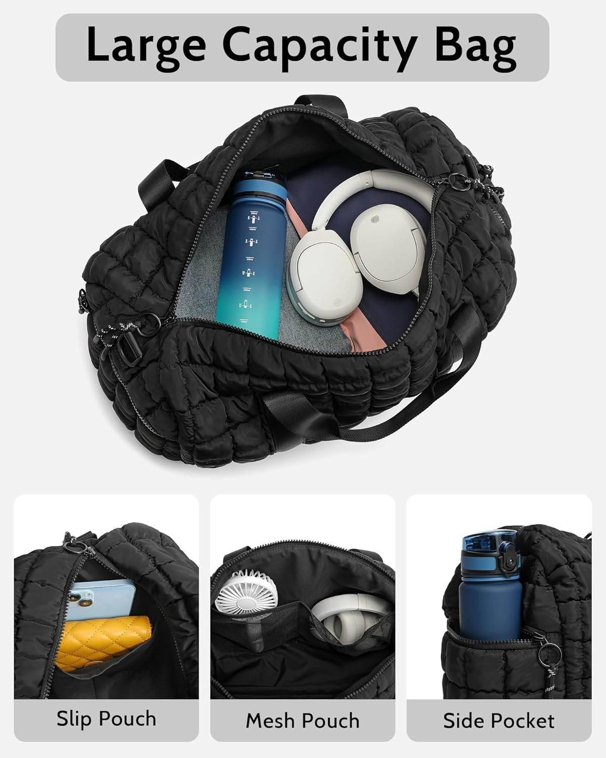 FODOKO Quilted Duffel Bag for Women, Puffer Gym Duffle with Shoe Compartment, Lightweight Large Crossbody Sport Bag Travel Tote, Black - Image 4