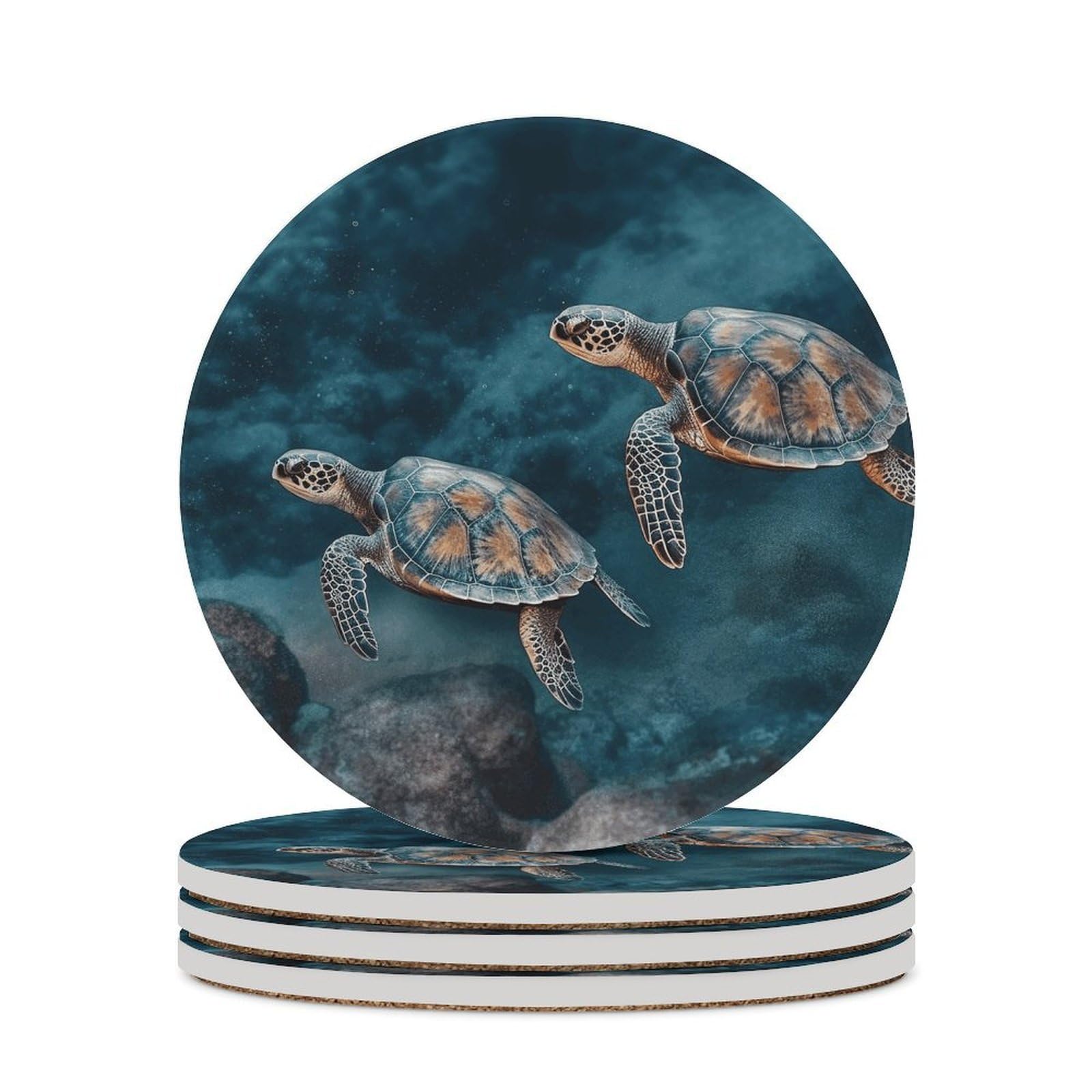 Turtle Swimming in The Sea Coaster with Cork Base Drink Coasters for Coffee Table Decor Modern Cup Coasters with Non-Slip & Heat-Resistant Cute Ceramic Table Coaster for Home Dining