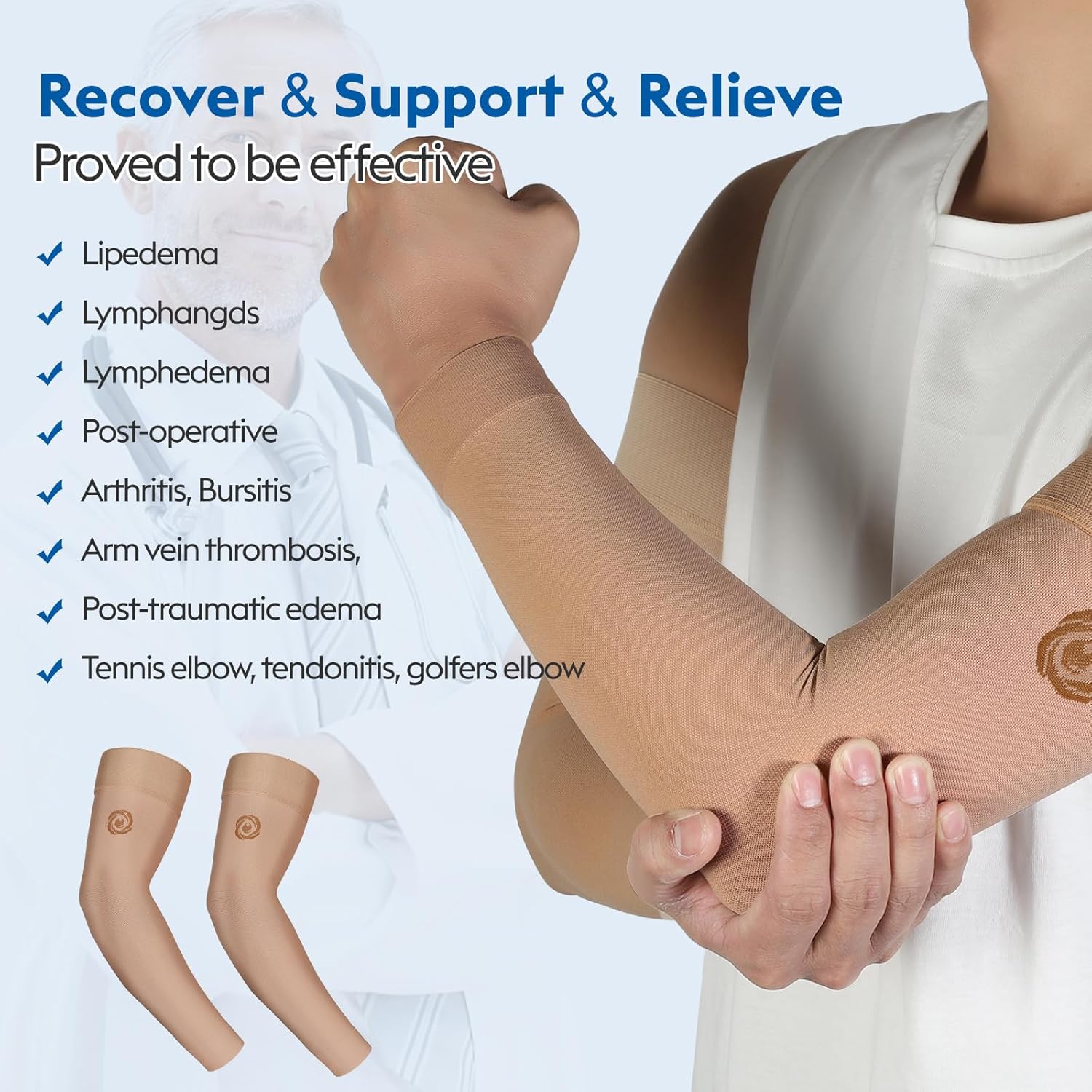NURCOM® Medical Compression Arm Sleeve for Men Women, 2 Pack, 20-30mmHg with Silicone Band for Lymphedema, Lipedema, Pain Relief, Edema, Swelling, Post Surgery Recovery, Beige L