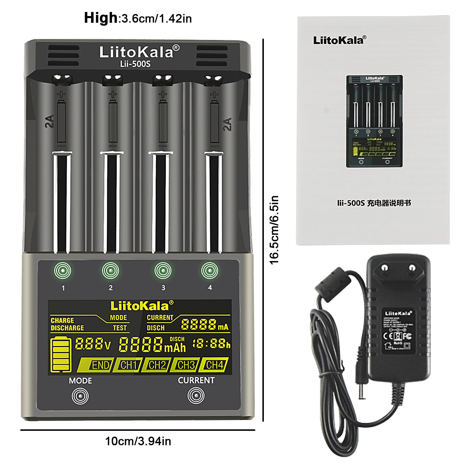 LiitoKala Lii-500S Szybka ładowarka do baterii z ekranem dotykowym LCD, mobilne wyjście USB 5 V, dla 26650 18650 14500 Li-Lion (4,2V) AA AAA Ni-MH, adapter trybu testu/rozładowania 12V3A, 4