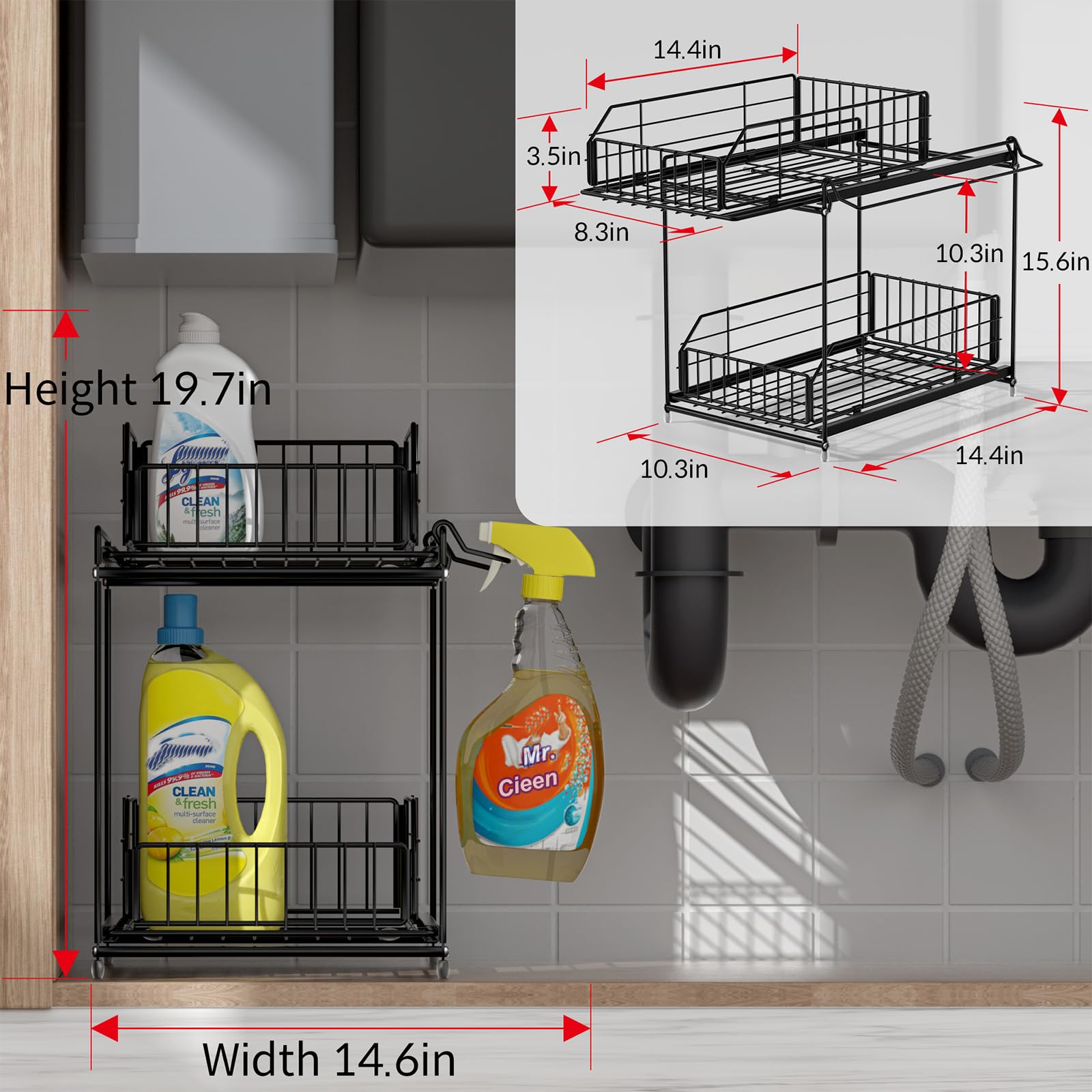 SUEH DESIGN Organizadores y almacenamiento para debajo del fregadero, almacenamiento de metal de 2 niveles con riel para colgar para cocina, baño, organizador de gabinete, paquete de 2