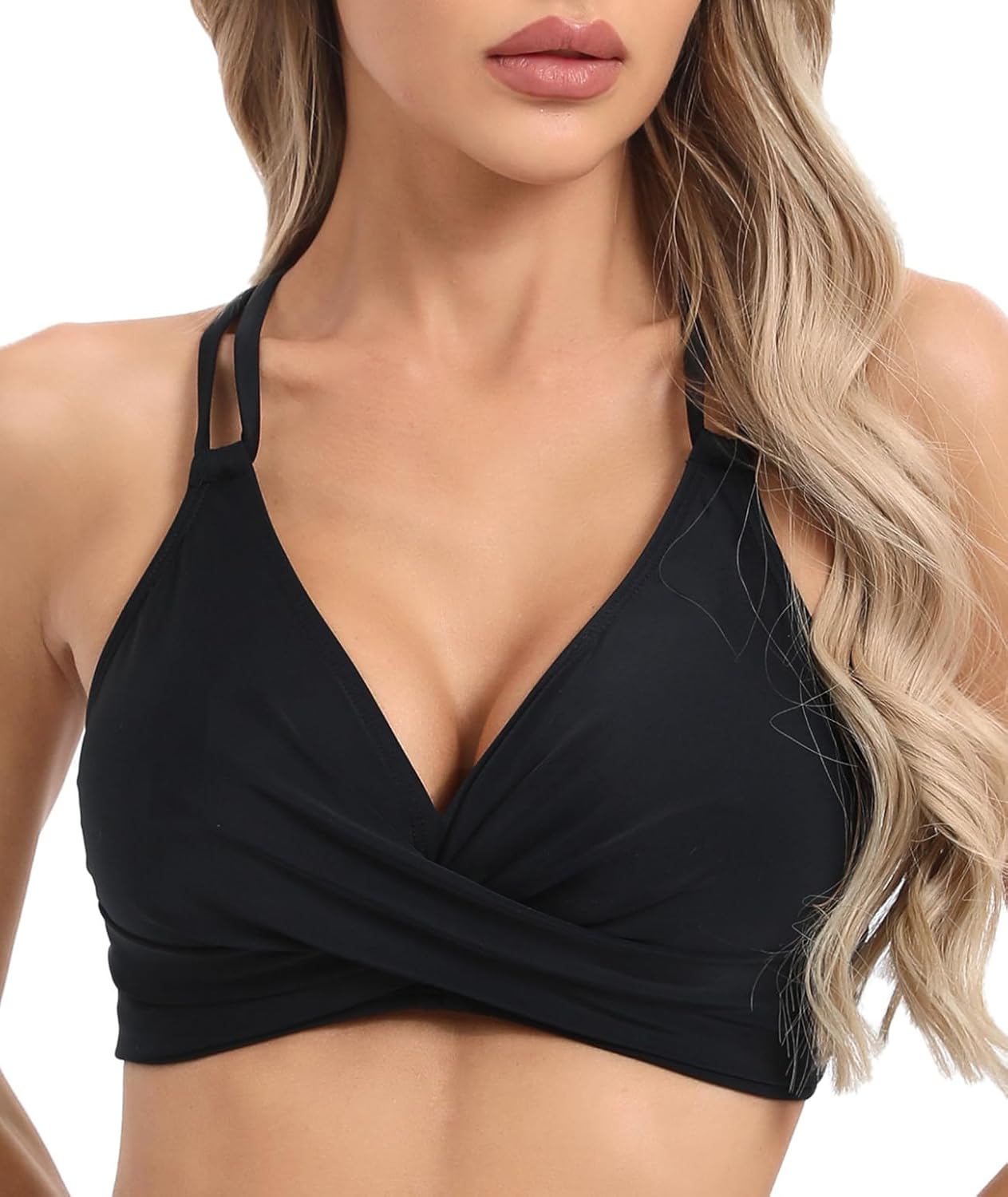 Womens Twist Front V Neck Bikini Top Push Up Padded Swim Top Swimsuit Lace Up Criss Cross Back Bathing Suits Tops - Image 3