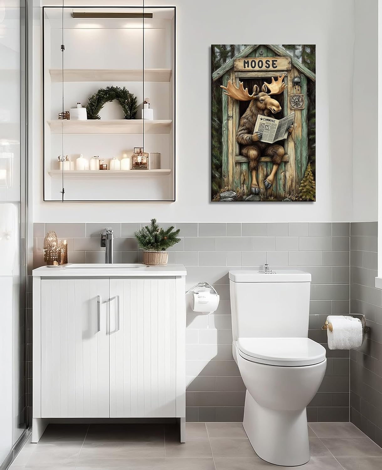 Bathroom Canvas Wall Art Moose Decor Rustic Moose in Outhouse Toilet Read a Newspaper Picture Prints Forest Wildlife Painting Farmhouse Cabin Bathroom Decor Framed(Art-5,16.00x24.00 inch)
