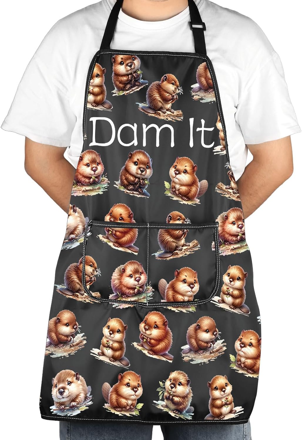 JXGZSO Funny Beaver Cooking Apron Rodent Beaver Dam It Apron With Pockets Animal Pattern Apron Beaver Lover Gift