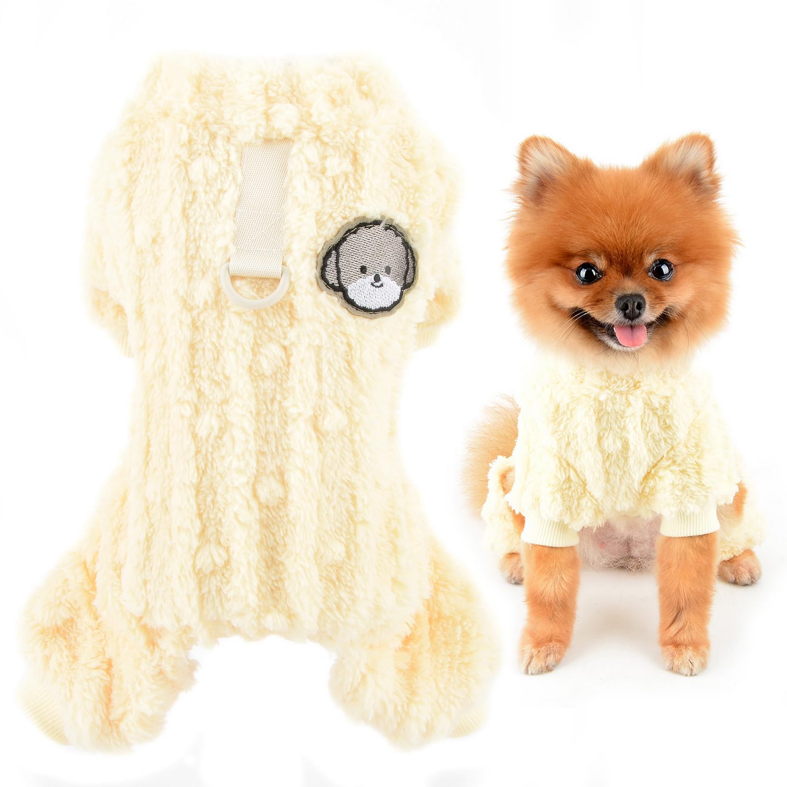 SMALLLEE_LUCKY_STORE Cute Fleece Pajamas Pjs for Small Dog Cat Puppy Four-Leg Jumpsuit Sweater with D-Ring Warm Soft Pet Apparel Chihuahua Yorkie Fall