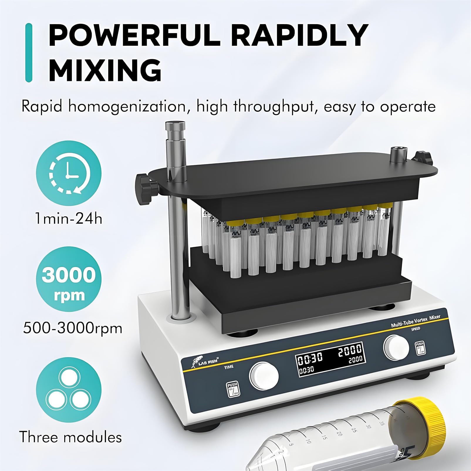 Agitador vórtex de Laboratorio con Capacidad para Tubos de 1,5 ml a 50 ml, 500-3000 RPM, 3 módulos, Control Digital, diseño Compacto para Laboratorios (420 x 280 x 335 mm)