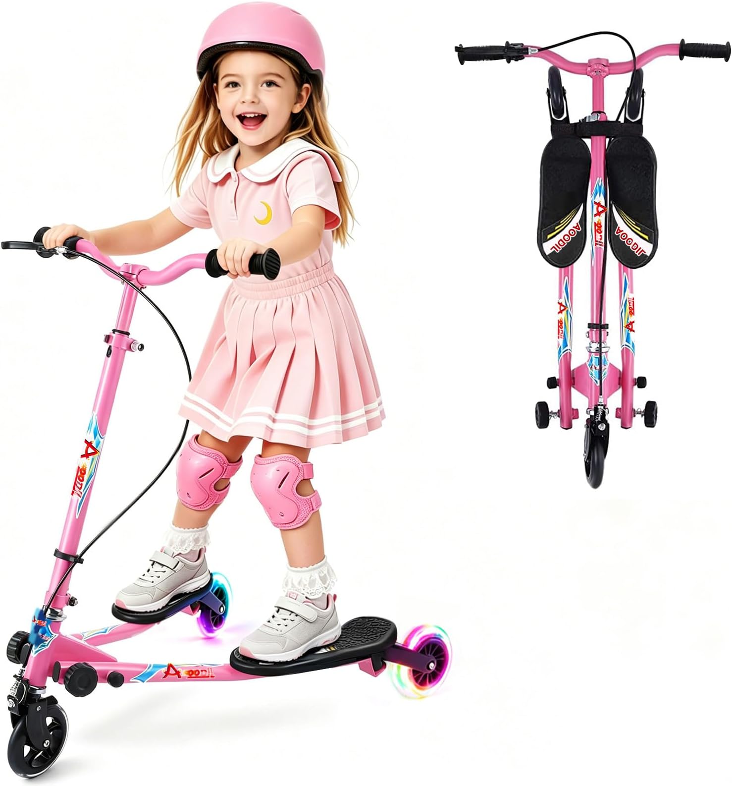 Swing Scooter for Kids, 3 Wheels Foldable Wiggle Scooter Push Drifting with Adjustable & 2 Rear LED Wheels Kicks Scooter for Boys and Girls Ages 3-8