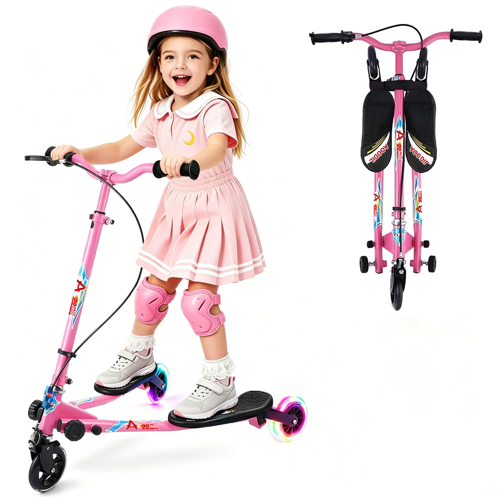 Drifting Scooter para Niños, 3 Ruedas Plegable Swing Scooters Tri Slider Plegable Push Wiggle con Mango Ajustable y 2 Ruedas LED Traseras para Niños y Niñas de 3 a 8 Años