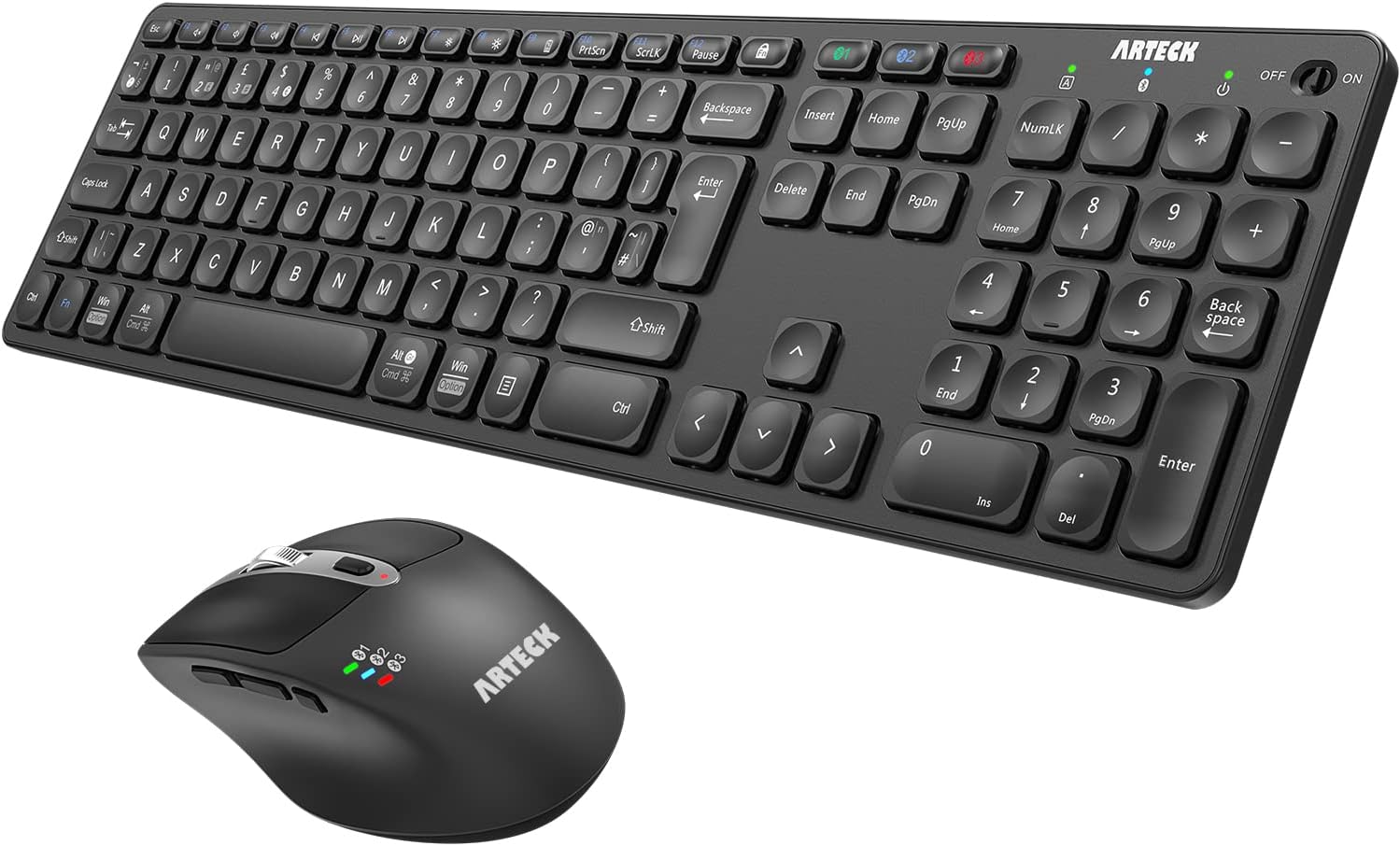 – Arteck Universal Multi-Device Bluetooth Keyboard and Mouse Full Size Wireless Bluetooth Keyboard and Ergonomic Mouse Set for Windows, iOS, Android, Computer Desktop PC Laptop iPad Tablet Smartphone