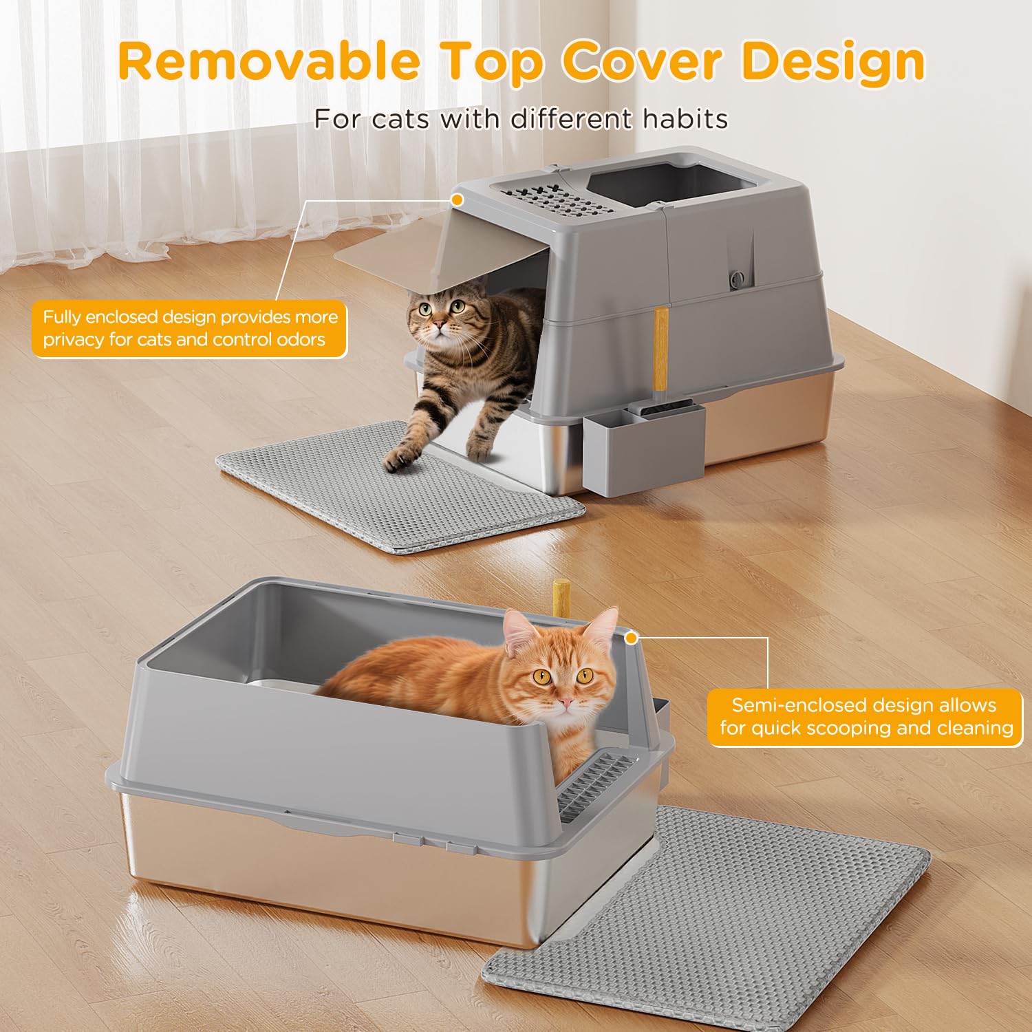 XXL Stainless Steel Litter Box with Lid, 27.5''x19.7''x19.3'', Modular Design & Flip Lid of Closed Metal Litter Box Fit All Cats, Covered High Sided Cat Box, Non-Sticky, Easy to Clean, Grey - image 5
