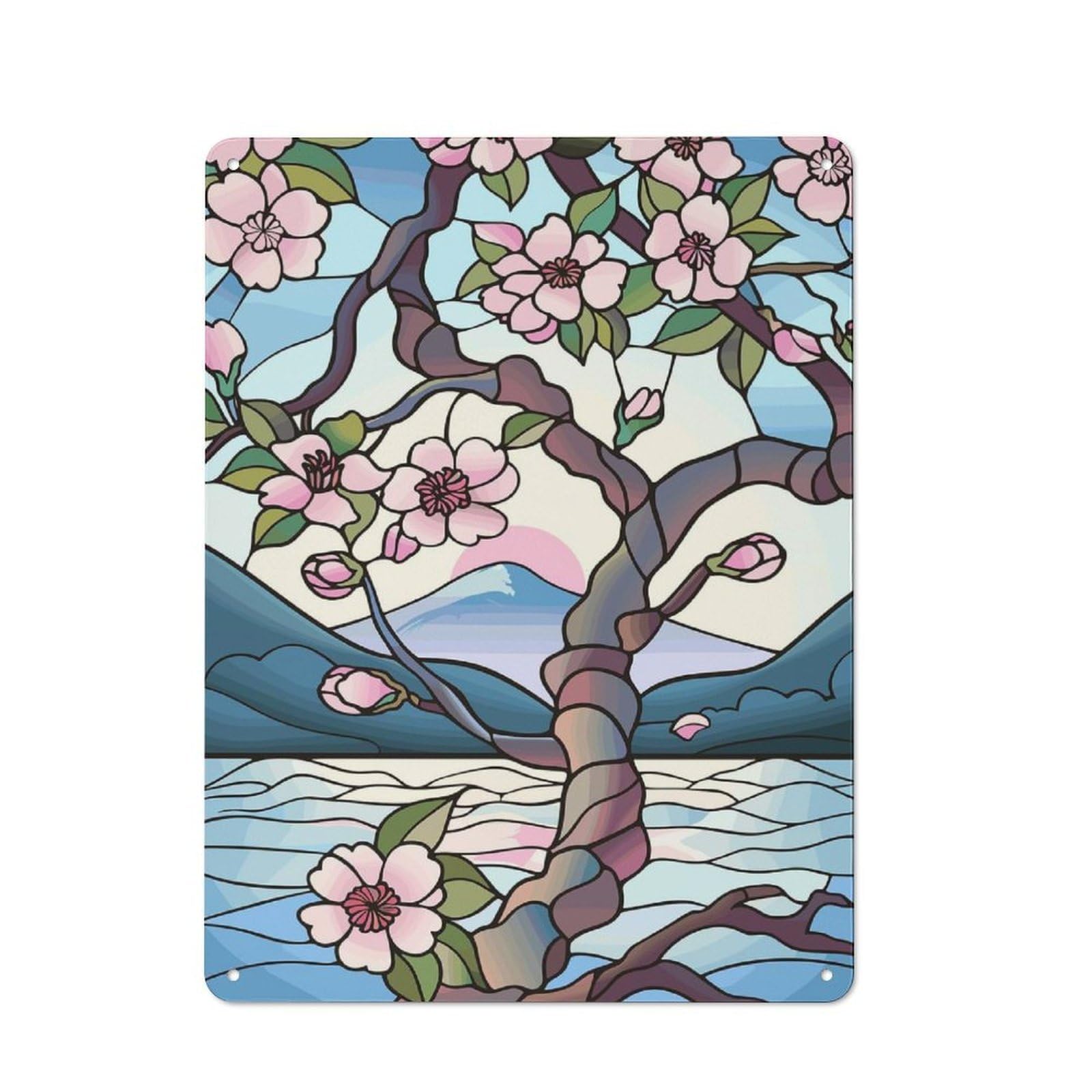 Junmoney Style-7 Retro Metal Wall Sign 40X30cm With Stained Glass Cherry Blossoms And Mountain For Hallway Wall, Suited To Hallway Decor Lovers