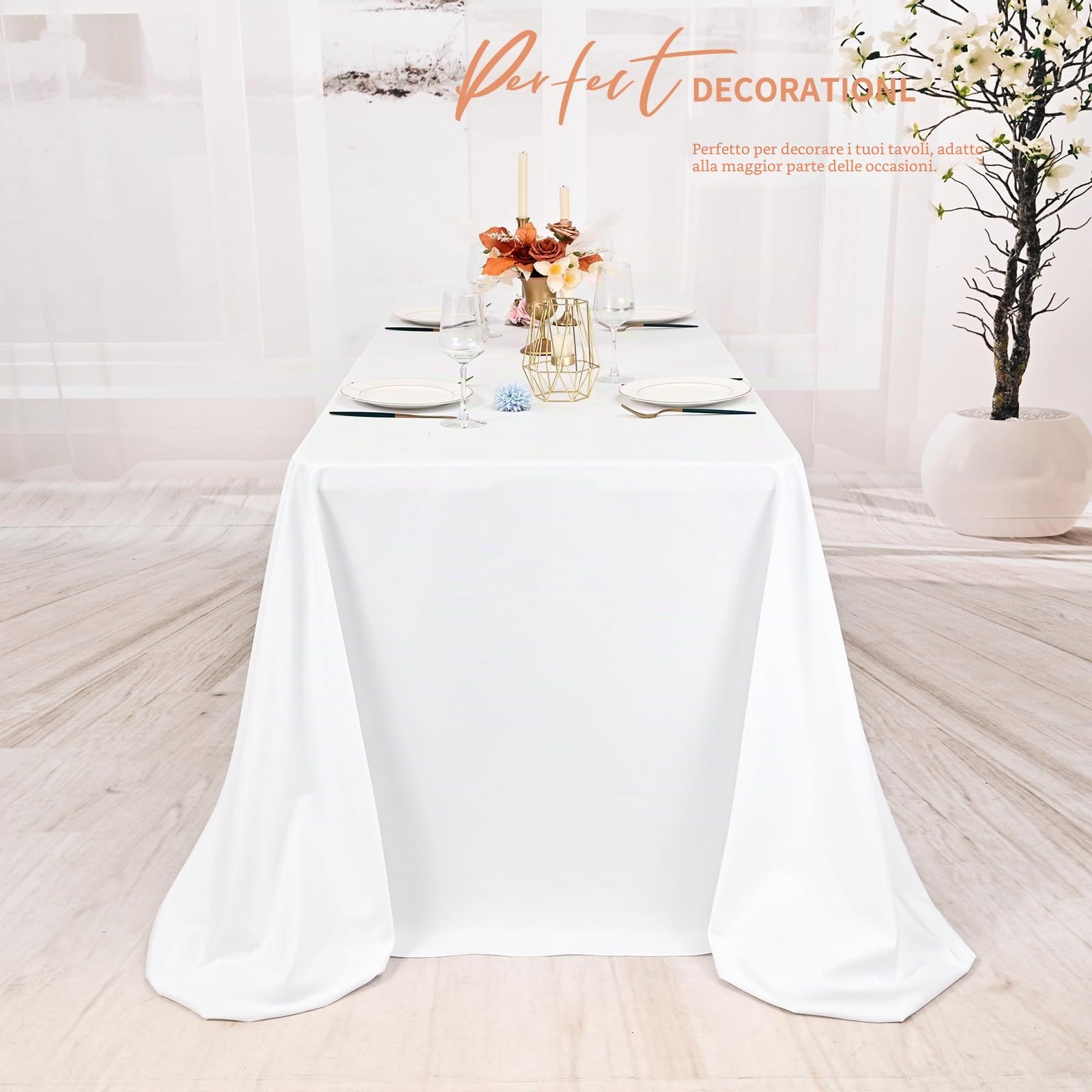 Pesonlook Confezione da 4 tovaglie rettangolari bianche, 228 x 396 cm, in poliestere lavabile, copertura per tavolo in tessuto di poliestere per matrimoni, feste, banchetti, buffet, cene di festa