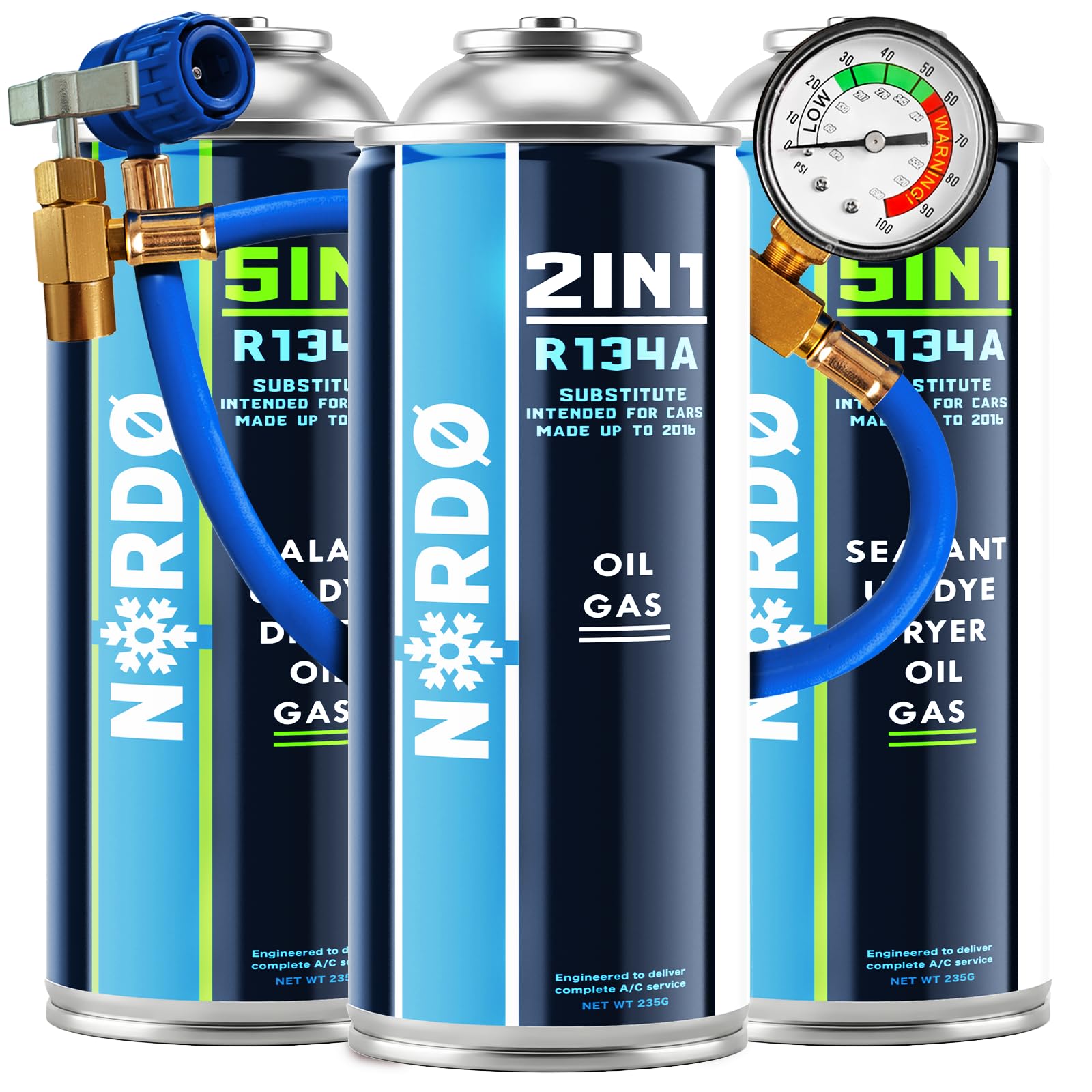 Nordo - 5in1 – 2x Gaz R134a i Olej + 2x Czynnik Chłodniczy R134a 5in1 XL 235g Każda Puszka, do Samochodowej Klimatyzacji z Olejem, Uszczelniaczem, Barwnikiem UV, Środkiem Osuszającym + Wąż