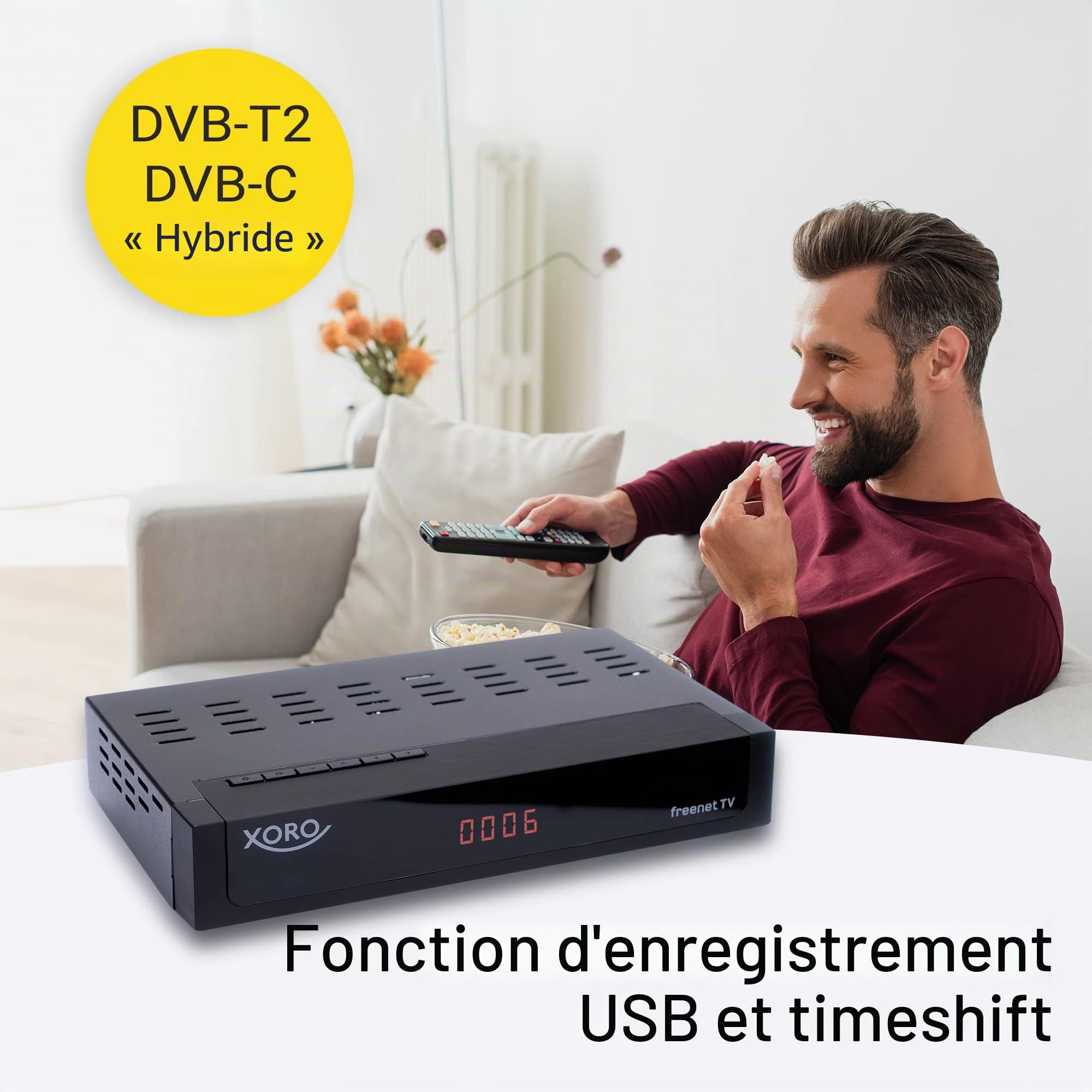 XORO HRT 8770 Twin - Combo FullHD DVB-C/DVB-T2, système de décryptage Freenet TV intégré, tuner double (deux récepteurs), compatible PVR, Timeshift