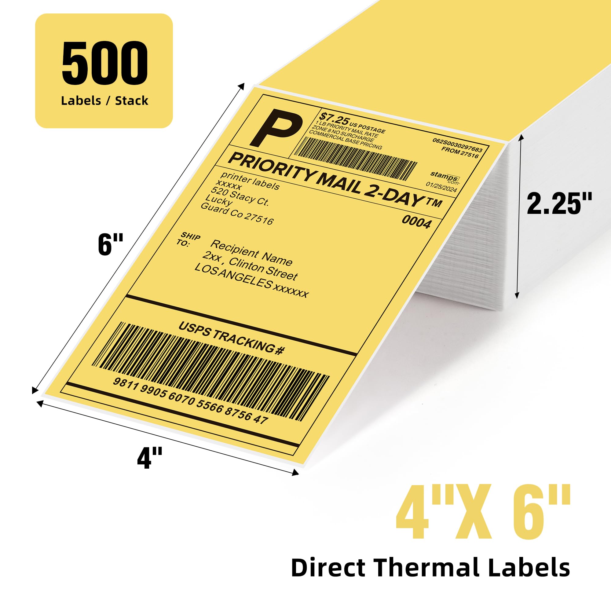 Lot de 500 étiquettes thermiques directes jaunes de 10,2 x 15,2 cm, étiquettes d'expédition et d'adresse, autocollants pour imprimante thermique, 1 pile
