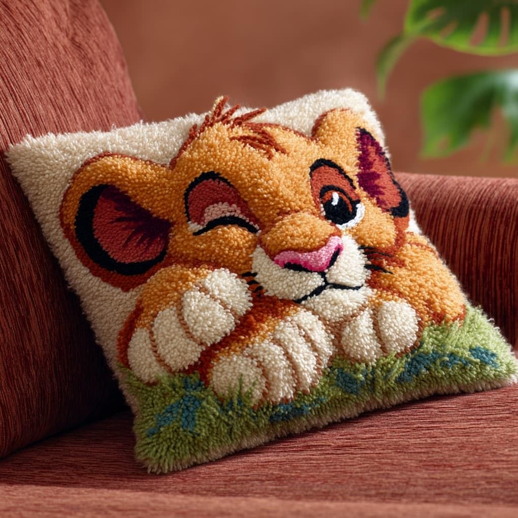Henypt 43x43cm Latch Hook Cushion Making Kit,Sleeping Lion cub Printed Canvas Latch Hook Soft Yarn Pillow Set,Ideal Creative Gift for Adults