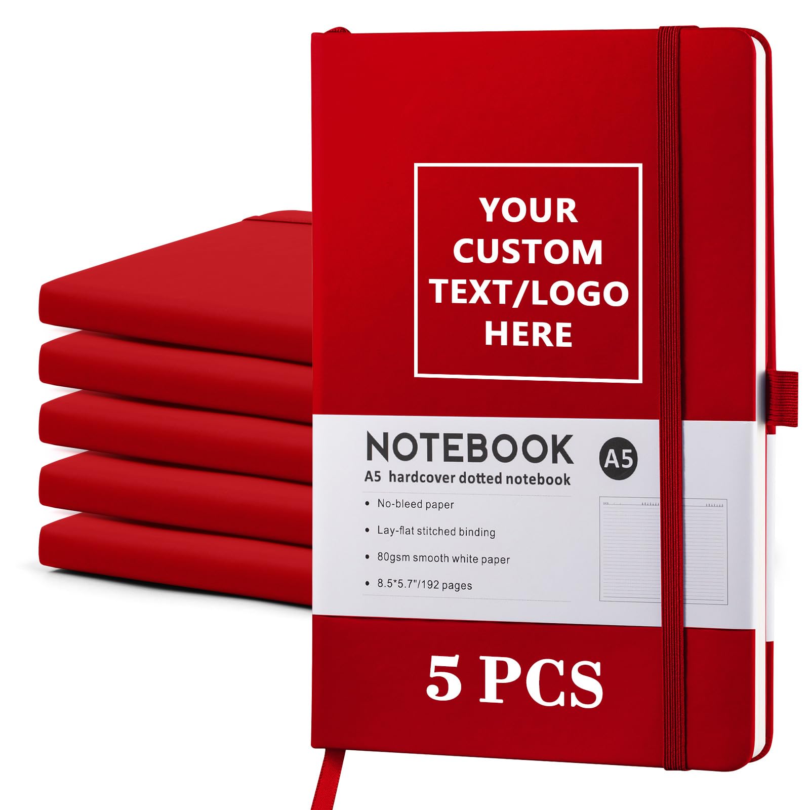 Vebermo Personalized Notebook-Can Engrave Logo/Text/Image, Customizable A5 Journal Notebook Daily Journals For Writing-192 Lined Pages 8.5 x 5.71 Inch,Red,5 pcs