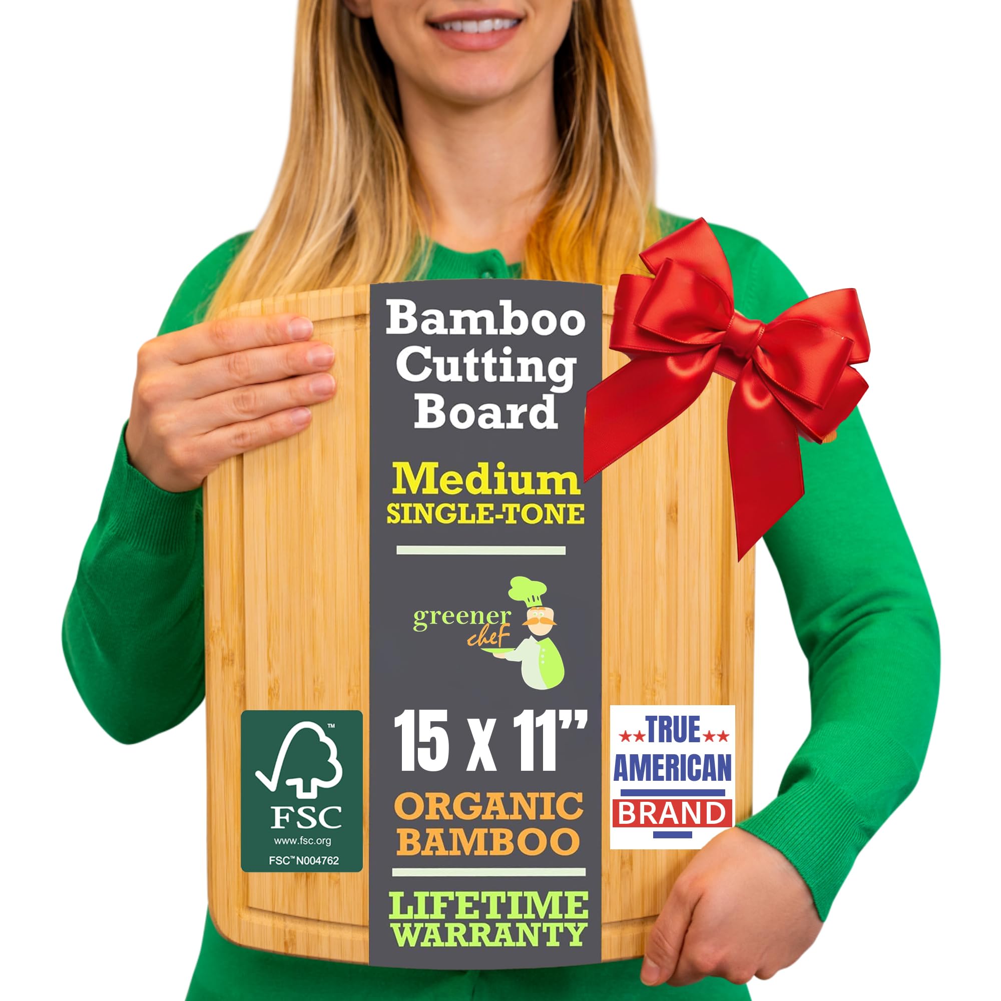 GREENER CHEF 15 Inch Bamboo Cutting Board with Lifetime Replacements - Medium Wooden Chopping Board for Kitchen, Butcher Block, Meat, Vegetables, Charcuterie and Cheese Board