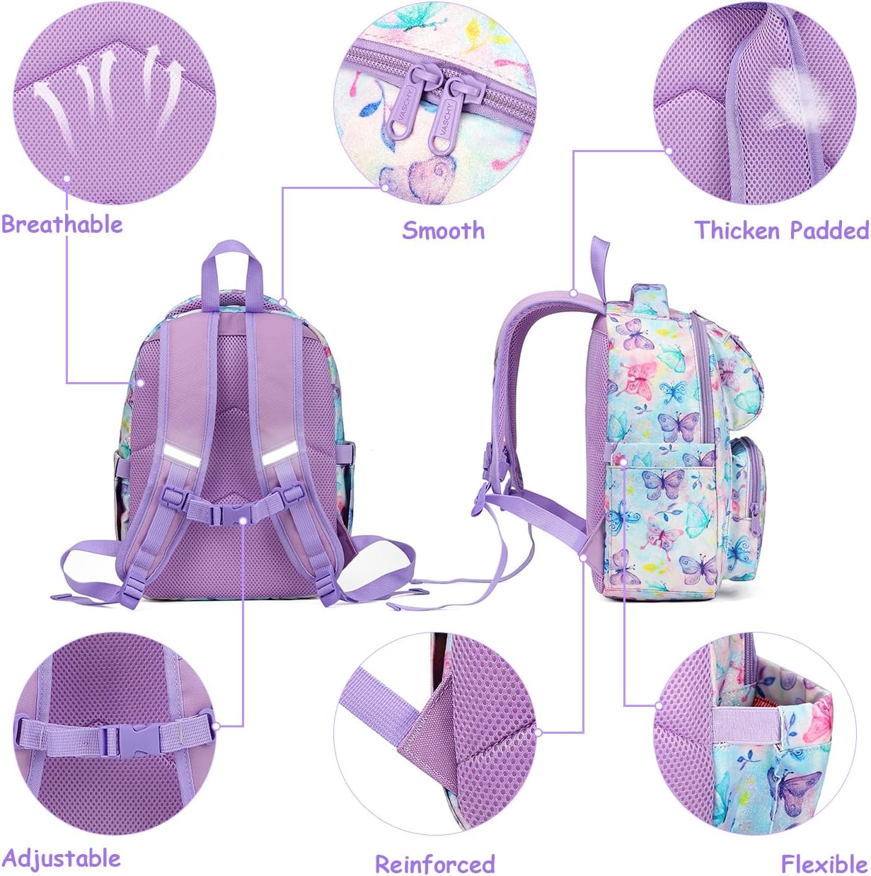 VASCHY Toddler Backpack for Boys, Kids Cute Kindergarten Daycare Children 7L Small Backpack Bookbag for School Travel Giltter Butterfly - Image 5