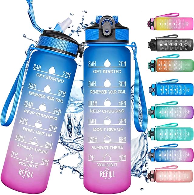 Trusmuu Water Bottles with Straw, 1000ml Water Bottles for School, BPA Free Tritan Drink Bottles, Motivational Water Bottle with Time Maker