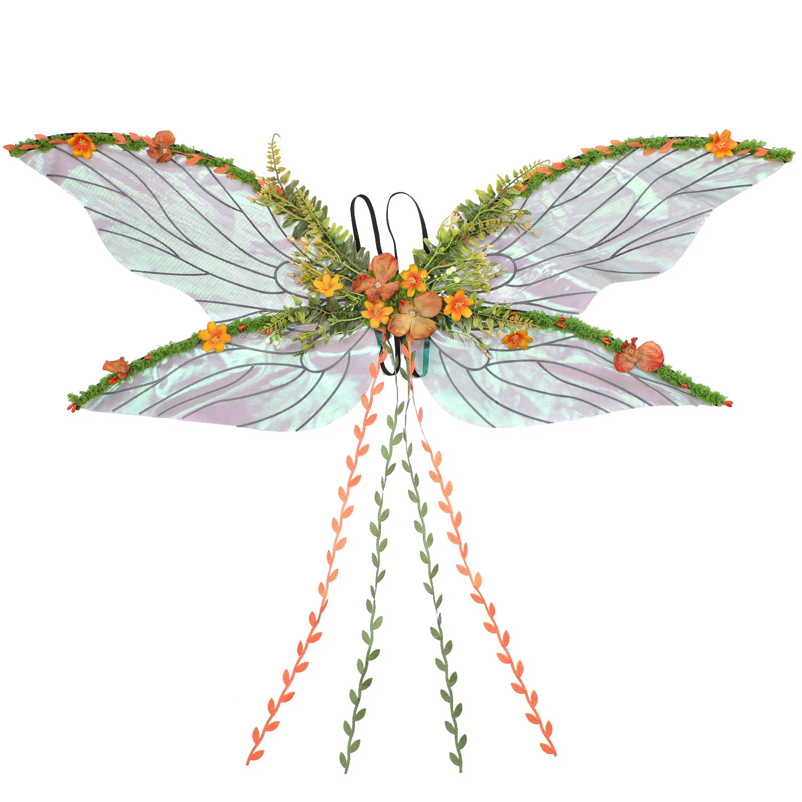 PartyforU Orange Women Fairy Wings, Butterfly Wings Adult with Flowers Leaves and Vines, Woodland Fairy Dress Costumes for Renfaire Halloween Costume