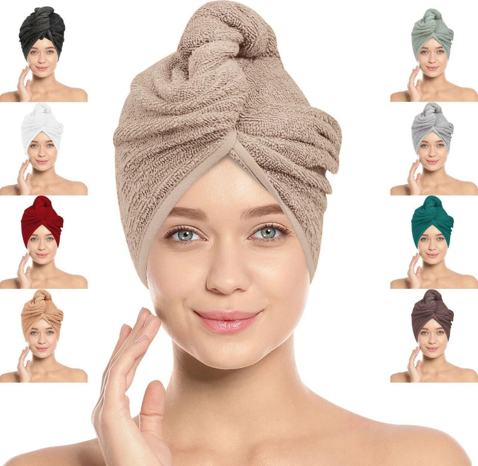 BAVIN Hair Towel Wrap, 100% Pure Cotton, Rapid-Dry Hair-Drying Turban, Ultra Soft and Quick Drying Absorbent, Anti Frizz Hair Large Towel with Button Loop, 66cm x 26cm (Beige, Pack of 2)