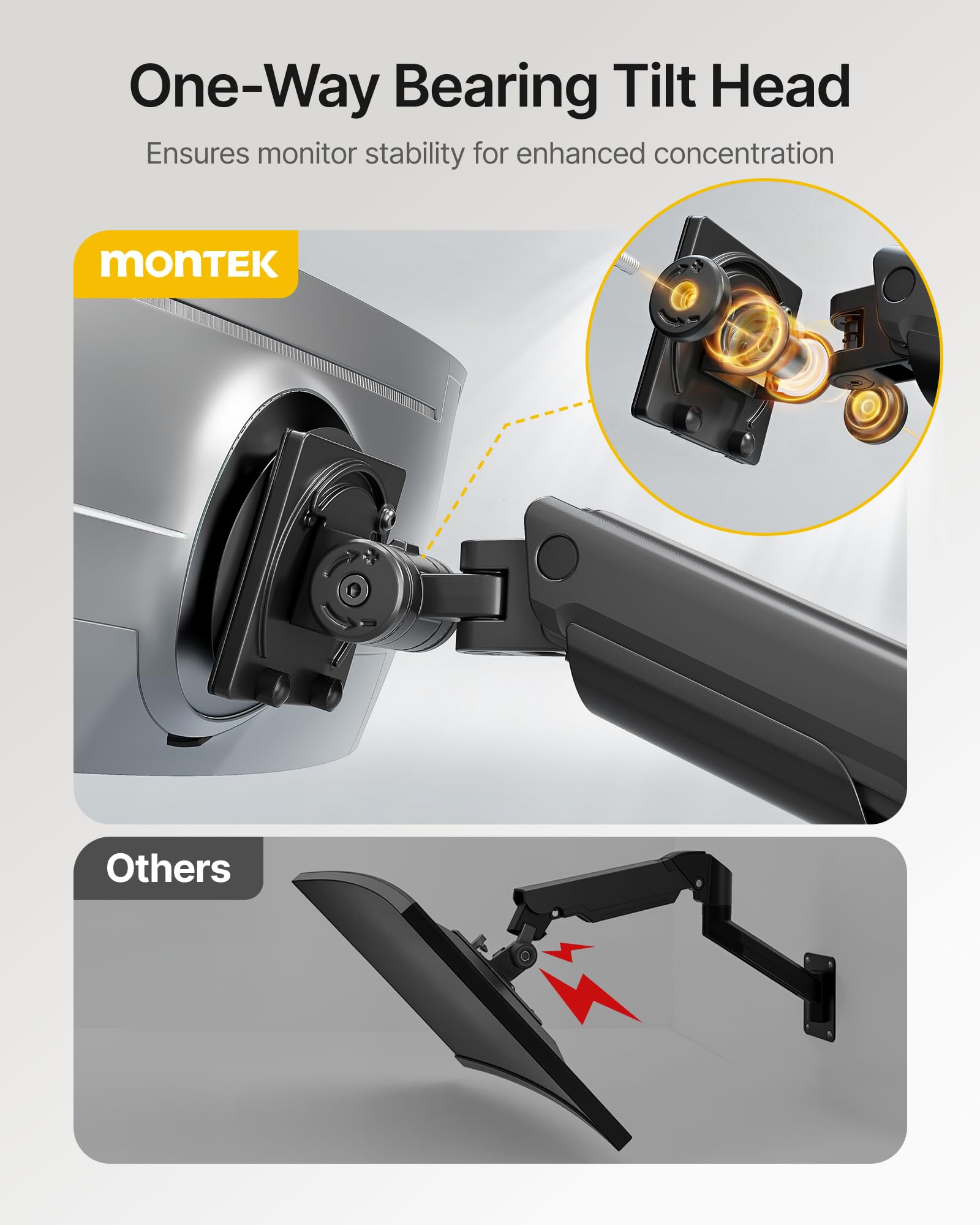 monTEK Support mural simple pour écrans ultra larges de 17 à 57" jusqu'à 27 kg, bras de moniteur à ressort à gaz en aluminium robuste avec réglage de la hauteur, inclinaison/pivotant/levage