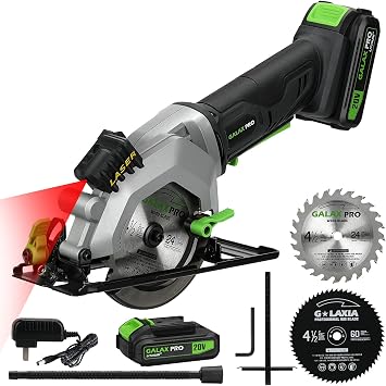 GALAX PRO Mini Circular Saw - DC20V 4-1/2 Cordless Saw with 2.0Ah Battery and Pack of 4 Assorted 60T HSS Metal/24T TCT Wood/Diamond Blades