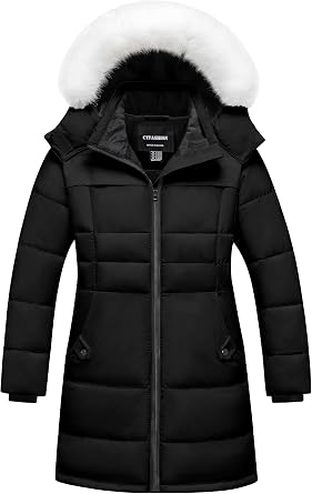 Girls Winter Coat Kids Long Puffer Jacket Waterproof Snow Parka Warm Puffy Dress Coat with Removable Fur Hood