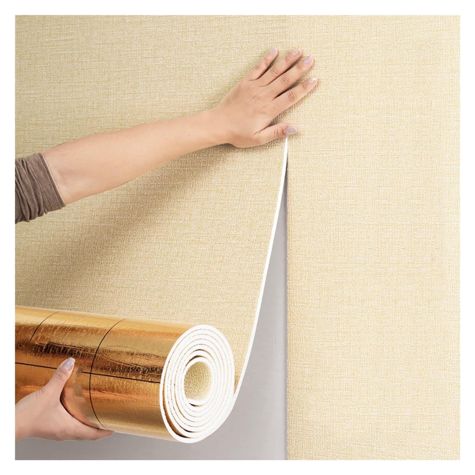 Papel tapiz autoadhesivo de 9 mm de grosor for paredes frías, paneles de aislamiento térmico XPE, autoadhesivos, for sala de estar, dormitorio y decoración del hogar.(Beige,50cm x 5m)