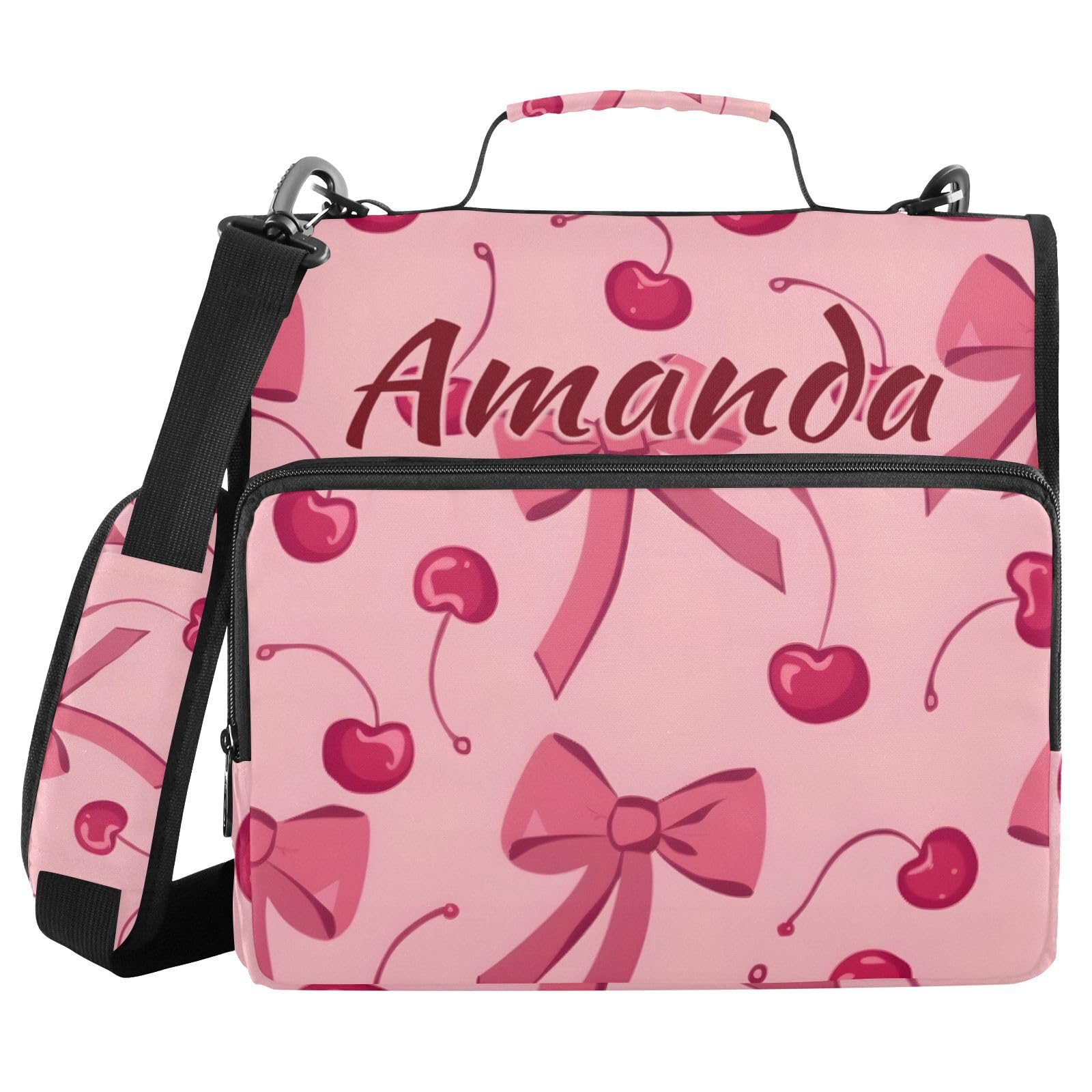 Custom 3 Ring Zipper Binder Bow Cherry Pink Personalized Name 1.5 inch Binders Large Capacity Multi Pockets for School Office Supplies