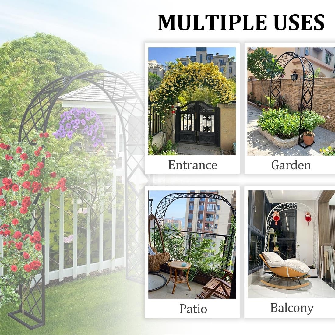 Metalowy łuk ogrodowy, pergola, krata, 2 m, altana różana, do roślin pnących, na zewnątrz, łuk ślubny, dostępny w kolorze czarnym, zielonym, brązowym, białym (szer. 180 x wys. 230 cm)