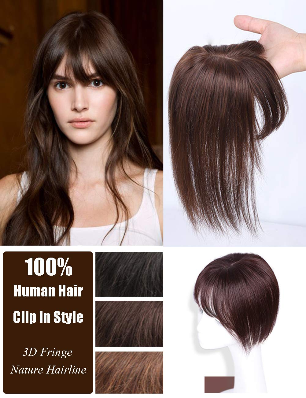 Middle Part Silk Part Base Human Hair Topper 7x10cm Forehead Straight Clip in Hairpiece with Wispy Fringe 30cm Black