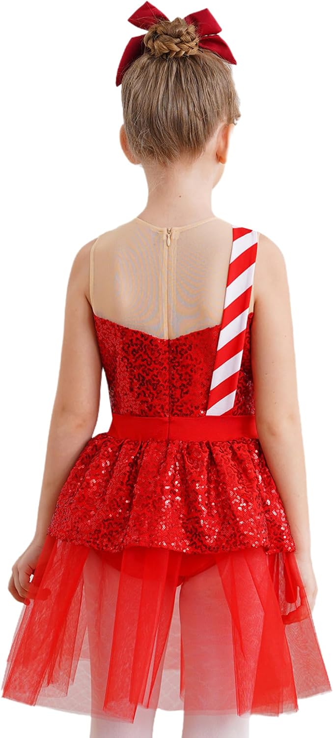 Kids Christmas Dance Costume for Girls Candy Cane Sequins Ballet Tutu Leotard Figure Ice Skating Dress
