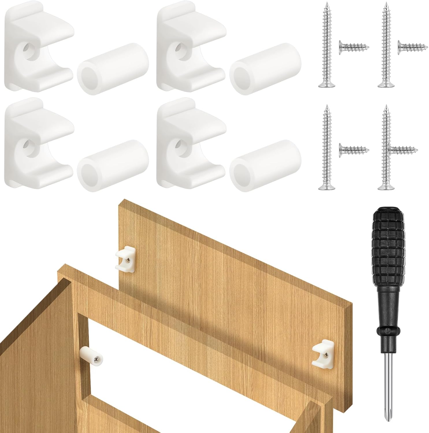 Juexica False Cabinet Front Clip False Drawer Front Clips Sink Tip Out Snap with Screws Screwdrivers for Hardware Replacements(White,4 Pairs)