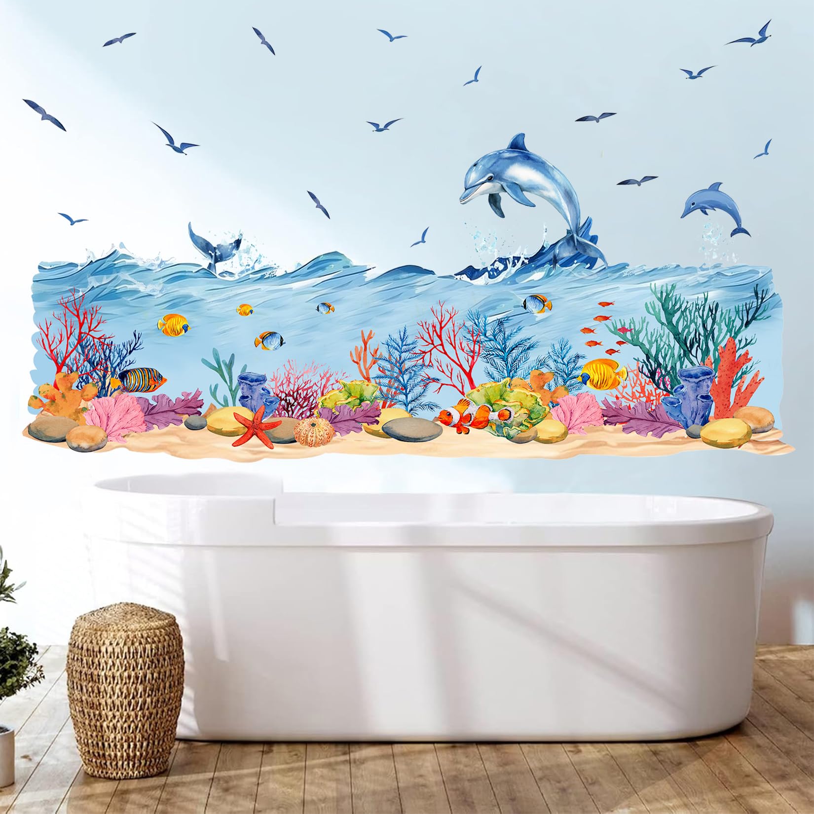 ANHUIB Under the Sea Wall Stickers 3D Underwater Wall Stickers for Kid Bedroom Bathroom Sticker for Wall Waterproof Fish Ocean Wave Seagull Dolphin Wall Decal for Kids Room Nursery Bath Playroom Decor - Image 3