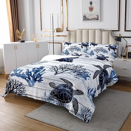 Miniatura 3 de Erosebridal Juego de colcha de tortuga marina, juego de edredón náutico costero, tortuga reptil, océano y playa, juego de ropa de cama de animales