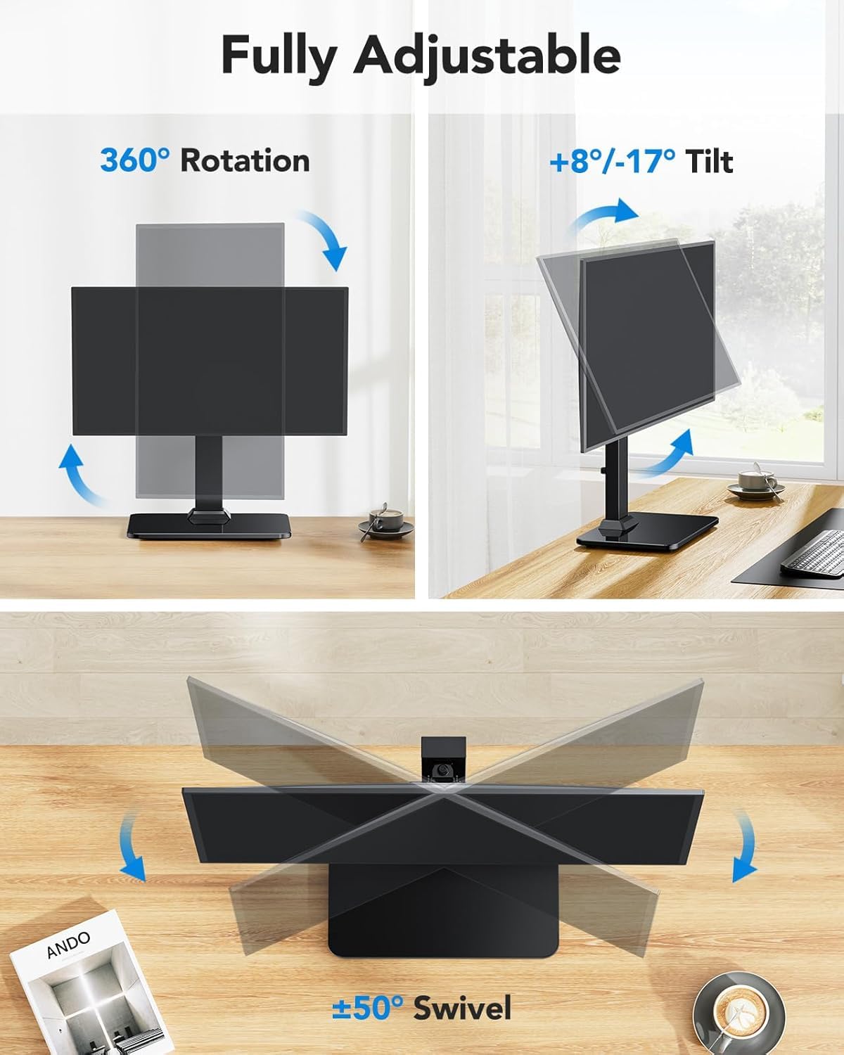 HUANUO Supporto Monitor Scrivania, Supporto VESA Indipendente Schermi 13-34 Pollici, Supporta fino a 20kg, 5 Opzioni di Altezza, Supporto Monitor Girevole con Rotazione a 360°, VESA 75x75mm/100x100mm