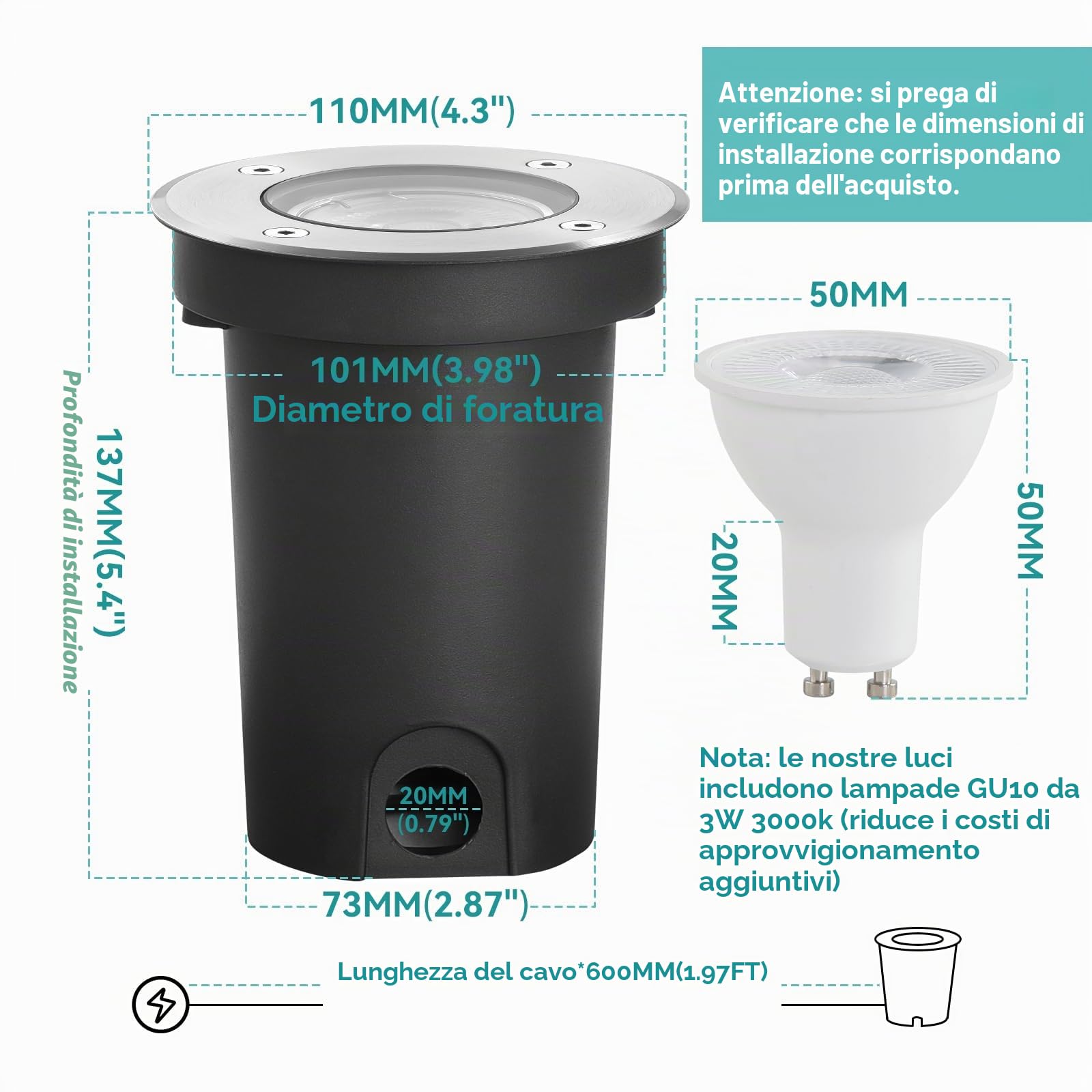 4pcs Segnapasso Led Esterno per Gu10 3w 230v Bianco Caldo 3000k, IP67 Impermeabile Faretto Segnapasso da Esterno, Faretti Incasso Esterni per Esterni, Giardino, Terrazza, Cortile, Passerella…