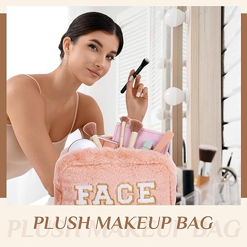 Miniatura 10 de Paterr 4 piezas de felpilla de Navidad, bolsa de maquillaje de felpa mullida, bolsa de maquillaje, bolsa de cosméticos, bolsa para el cabello, piel