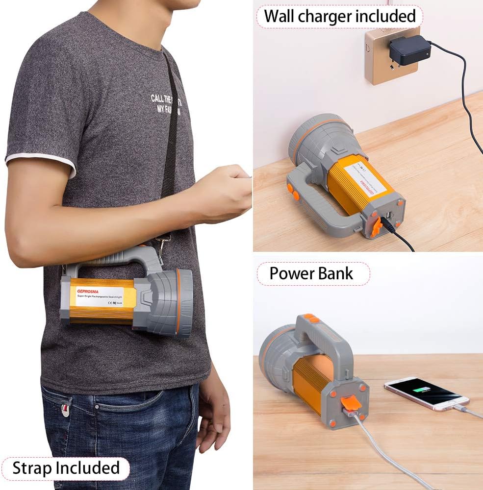 Super Bright Handheld Led Spotlight Flashlight Powerful Searchlight USB Rechargeable Large 4 Battery 10000mah Long Lasting High 6000 Lumens Plus Lantern Power Bank Portable Camping Emergency Light - - 