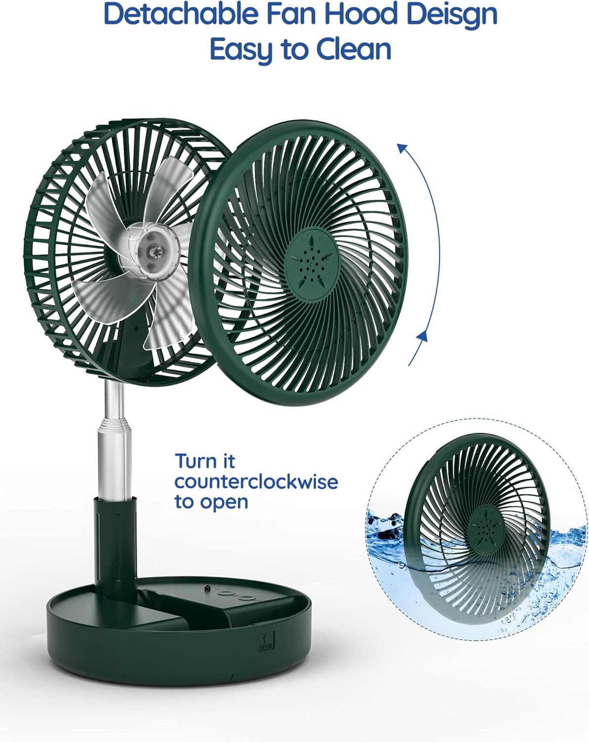 Illustration showing how to detach the front fan hood by turning it counter-clockwise for cleaning, with an inset image of the hood being rinsed under water.