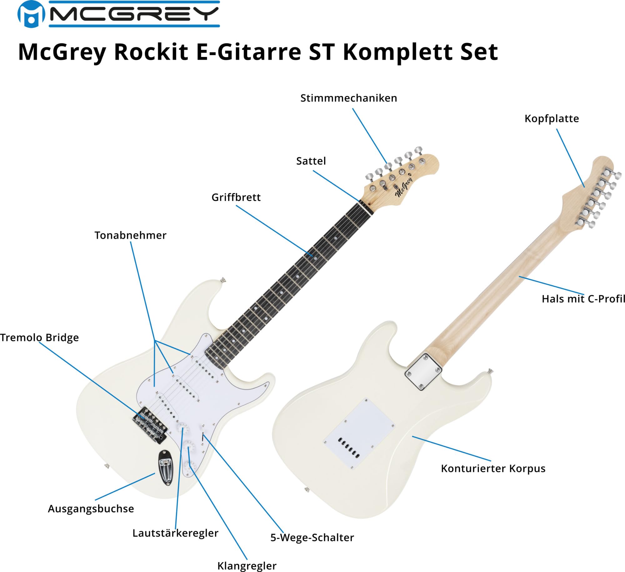 McGrey Rockit Chitarra Elettrica ST Set Completo White, Finitura bianca | Chitarra elettrica McGrey Rockit ST-Style, 3 pickup single-coil, Selettore a 5 vie, 1 controllo volume/ 2 toni, Leva tremolo