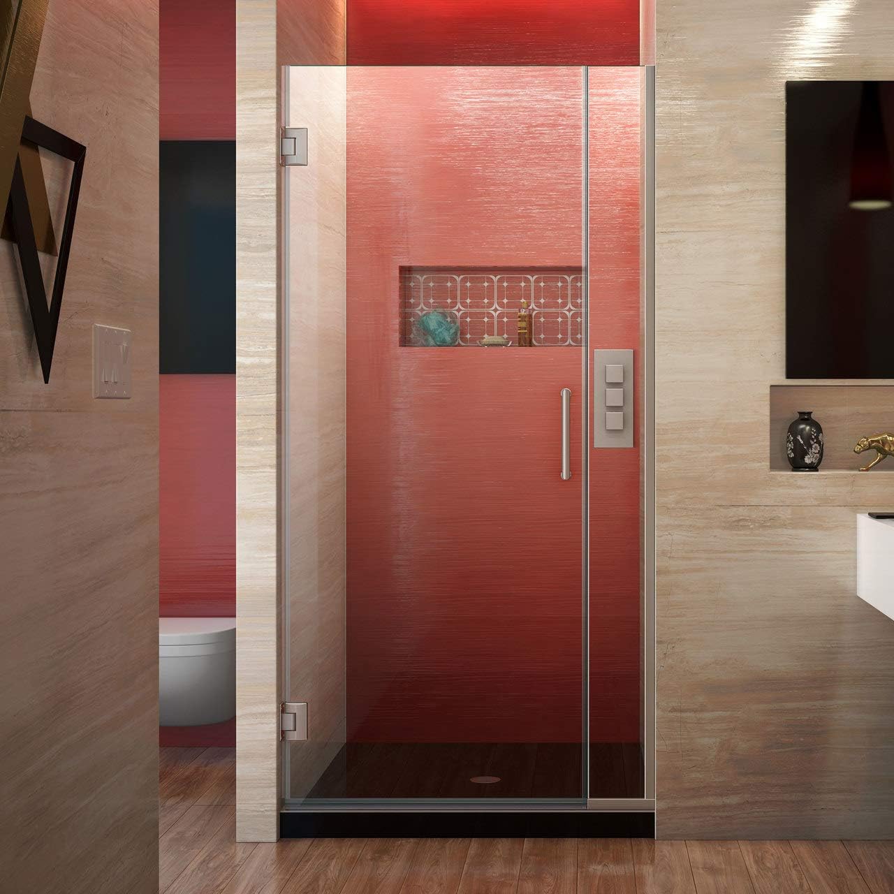 DreamLine Unidoor Plus 29-29-1/2 in. W x 72 in. H Frameless Hinged Shower Door in Brushed Nickel, SHDR-242907210-04