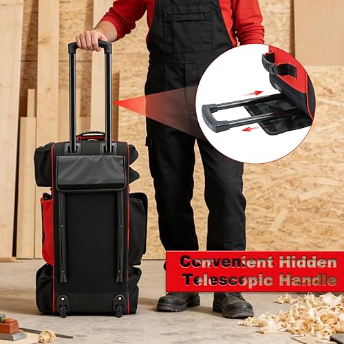 Miniatura 6 de MELOTOUGH Bolsa de herramientas rodante con ruedas, organizador de bolsa de herramientas de gran capacidad con mango telescópico oculto para